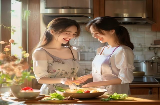 新婚女性在明亮厨房里微笑烹饪，婚后第一年从迷茫到从容的成长故事，温馨生活场景